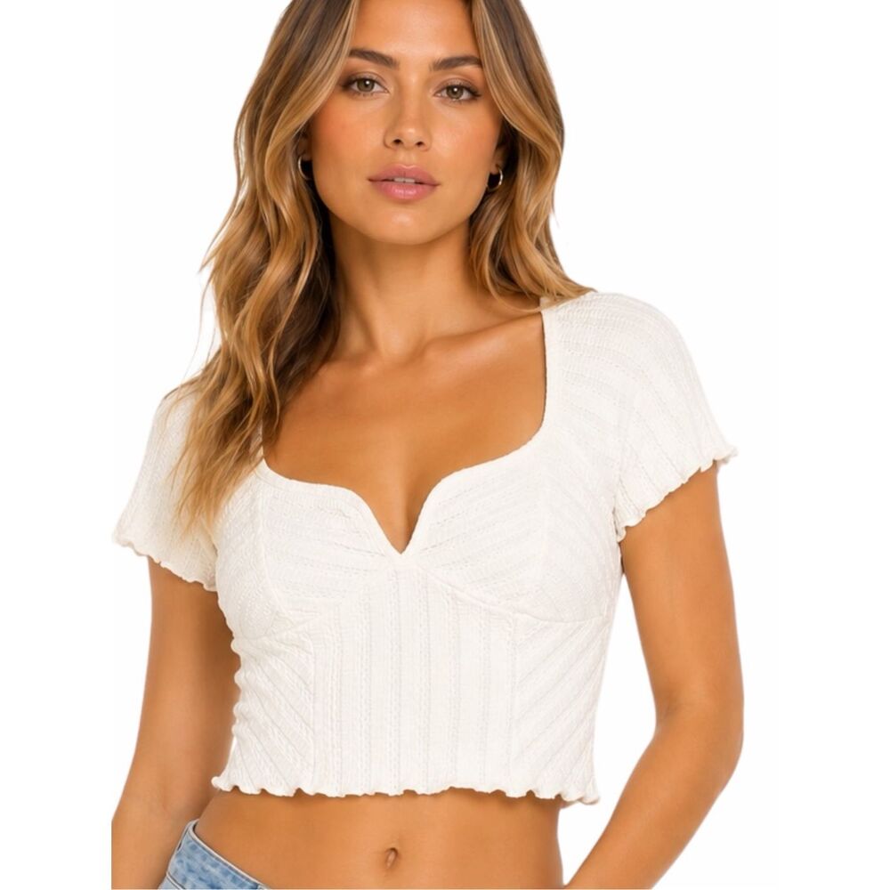 ATELIER BY KIRIOUS Women’s White Textured Knit Tie-Back Crop Top Size Small